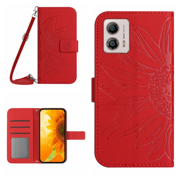 For Motorola Moto G53 5G/G13/G23 HT04 Skin Feel Sun Flower Embossed Flip Leather Phone Case with Lanyard