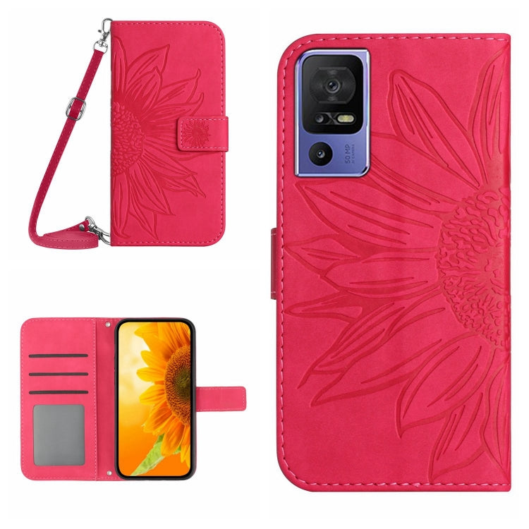 For TCL 40 SE HT04 Skin Feel Sun Flower Embossed Flip Leather Phone Case with Lanyard