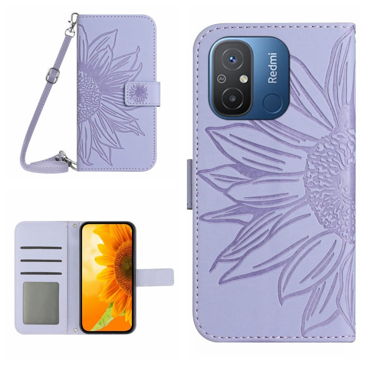For Xiaomi Redmi 11A 4G HT04 Skin Feel Sun Flower Embossed Flip Leather Phone Case with Lanyard