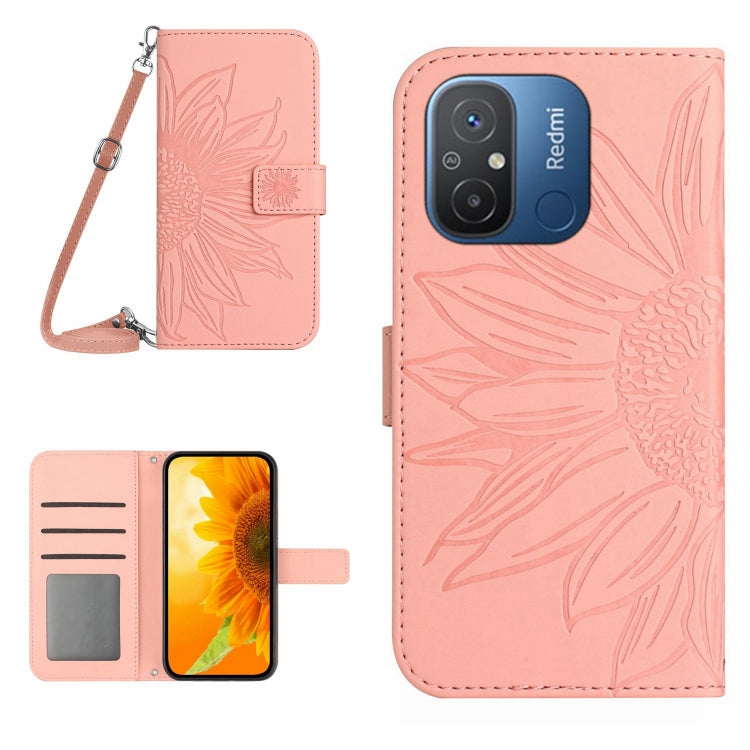 For Xiaomi Redmi 11A 4G HT04 Skin Feel Sun Flower Embossed Flip Leather Phone Case with Lanyard