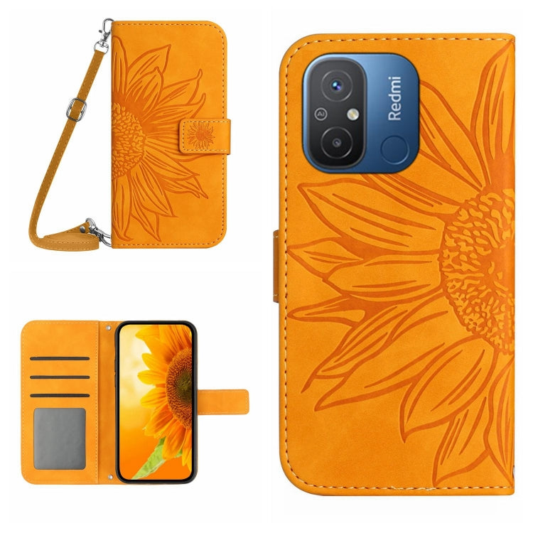 For Xiaomi Redmi 11A 4G HT04 Skin Feel Sun Flower Embossed Flip Leather Phone Case with Lanyard