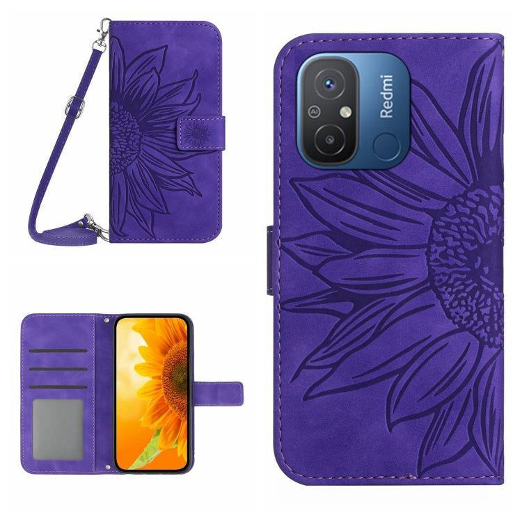 For Xiaomi Redmi 11A 4G HT04 Skin Feel Sun Flower Embossed Flip Leather Phone Case with Lanyard
