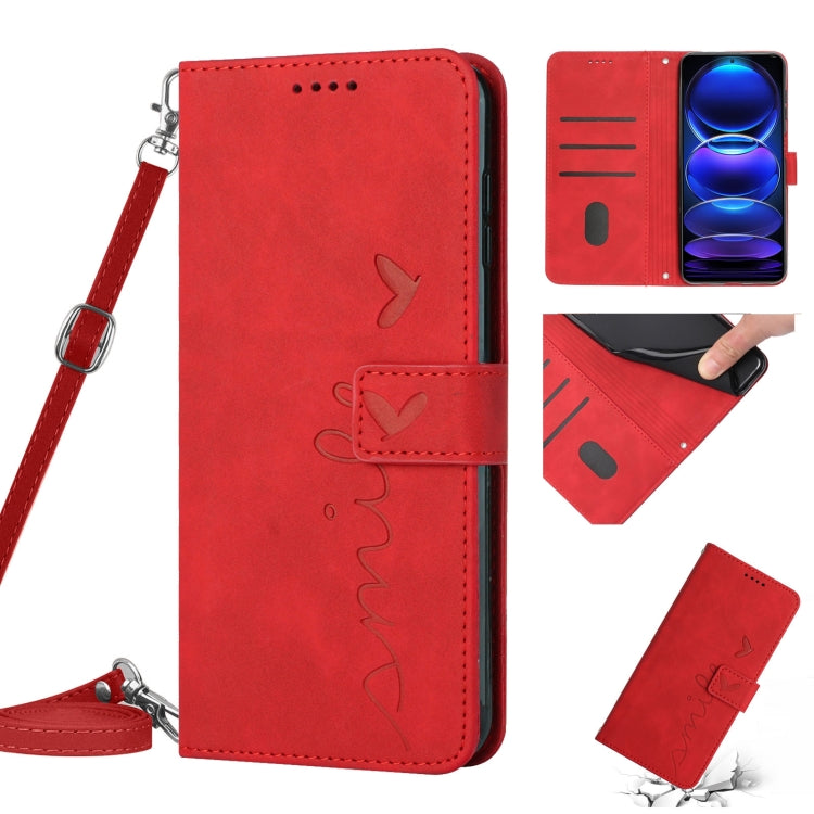 For Xiaomi Redmi Note 12 Global / Poco X5 5G Skin Feel Heart Pattern Leather Phone Case with Lanyard