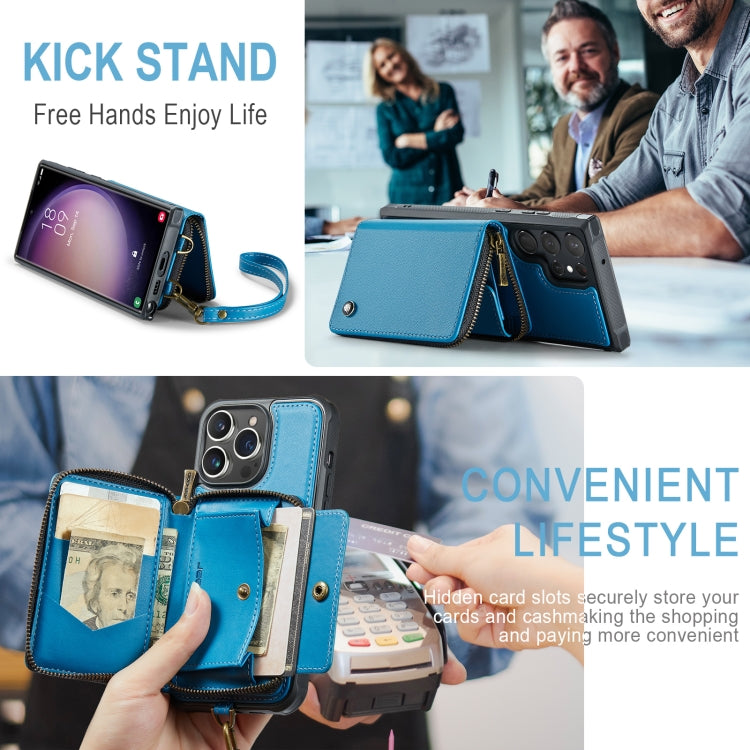 For Samsung Galaxy S23 Ultra 5G JEEHOOD C22 Series Zipper Wallet Leather Phone Case with Dual Lanyard