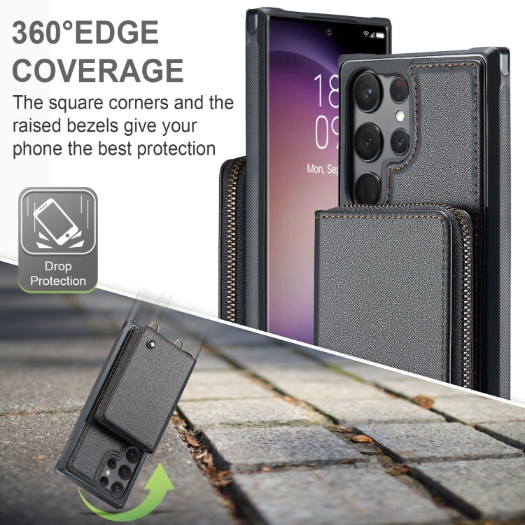 For Samsung Galaxy S23 Ultra 5G JEEHOOD C22 Series Zipper Wallet Leather Phone Case with Dual Lanyard