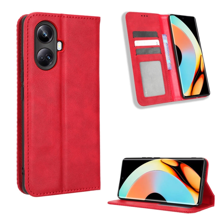 For Realme 10 Pro+ Magnetic Buckle Retro Texture Leather Phone Case