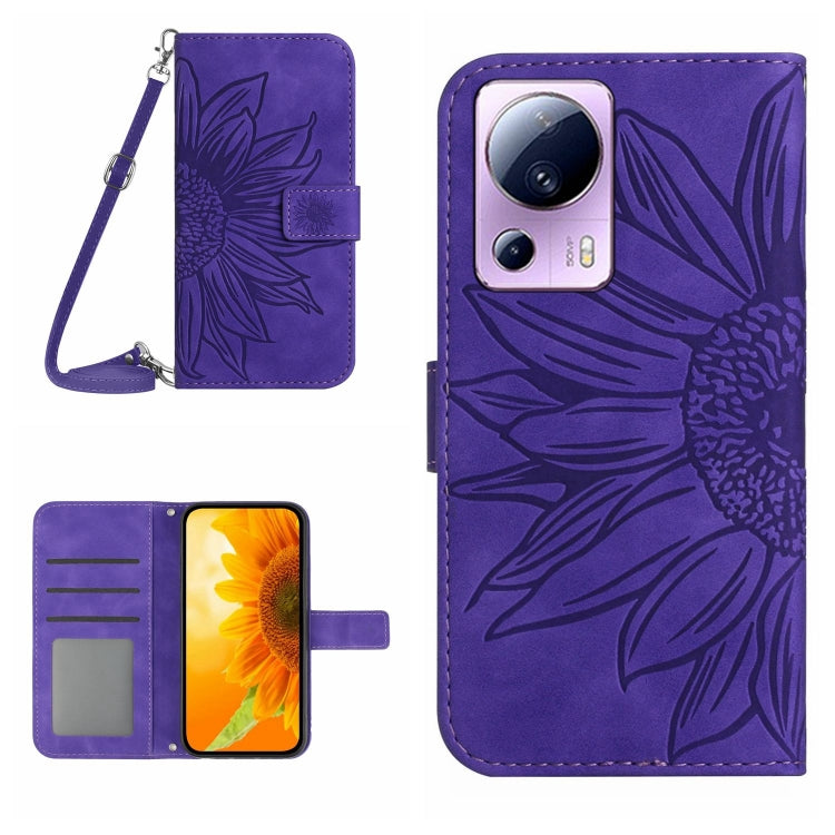 For Xiaomi 13 Lite HT04 Skin Feel Sun Flower Embossed Flip Leather Phone Case with Lanyard