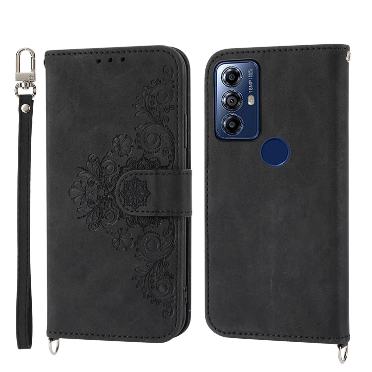 For Motorola Moto G Play 2023 Skin-feel Flowers Embossed Wallet Leather Phone Case