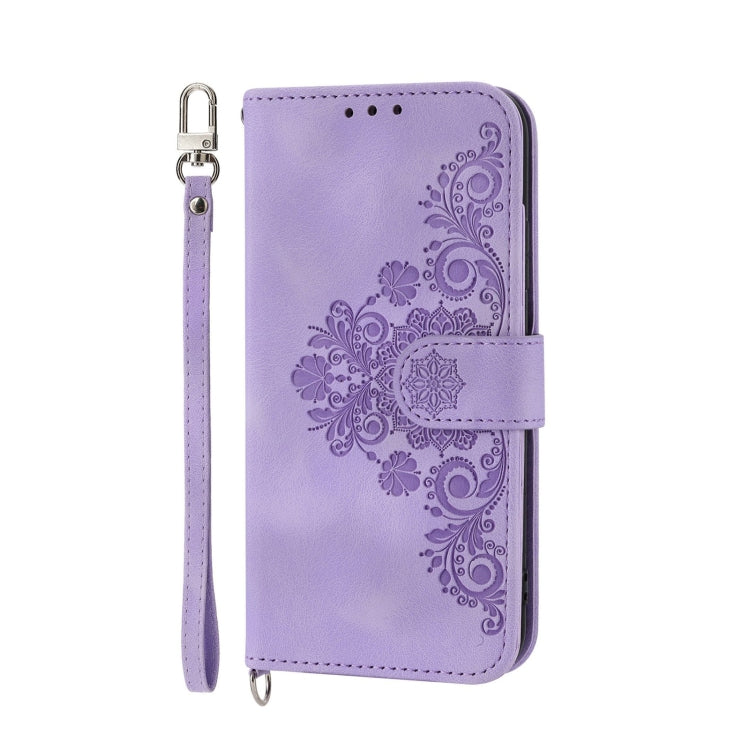 For Motorola Moto G52 Skin-feel Flowers Embossed Wallet Leather Phone Case