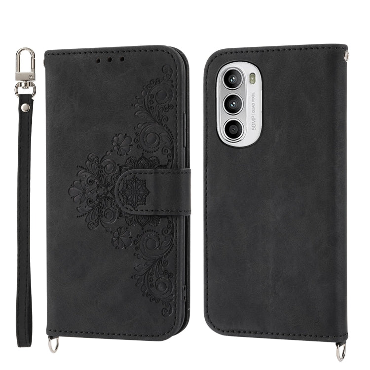 For Motorola Moto G52 Skin-feel Flowers Embossed Wallet Leather Phone Case