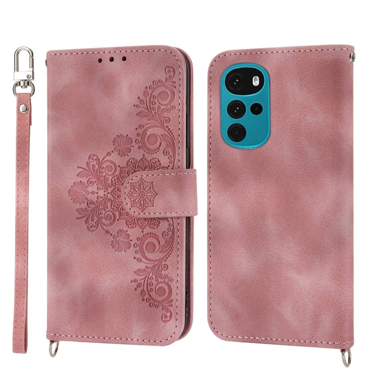 For Motorola Moto G22 Skin-feel Flowers Embossed Wallet Leather Phone Case