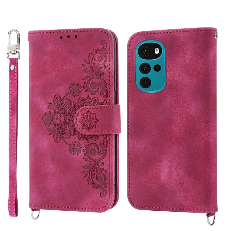 For Motorola Moto G22 Skin-feel Flowers Embossed Wallet Leather Phone Case