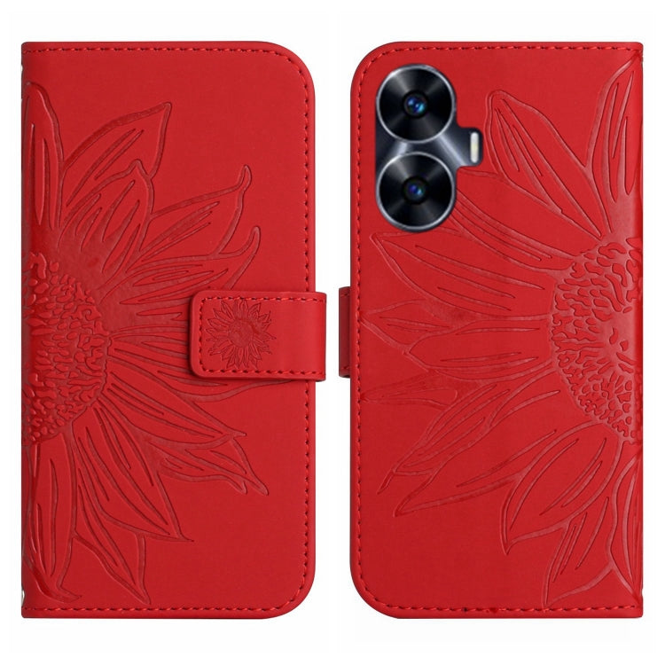 For Realme C55 Skin Feel Sun Flower Embossed Flip Leather Phone Case with Lanyard
