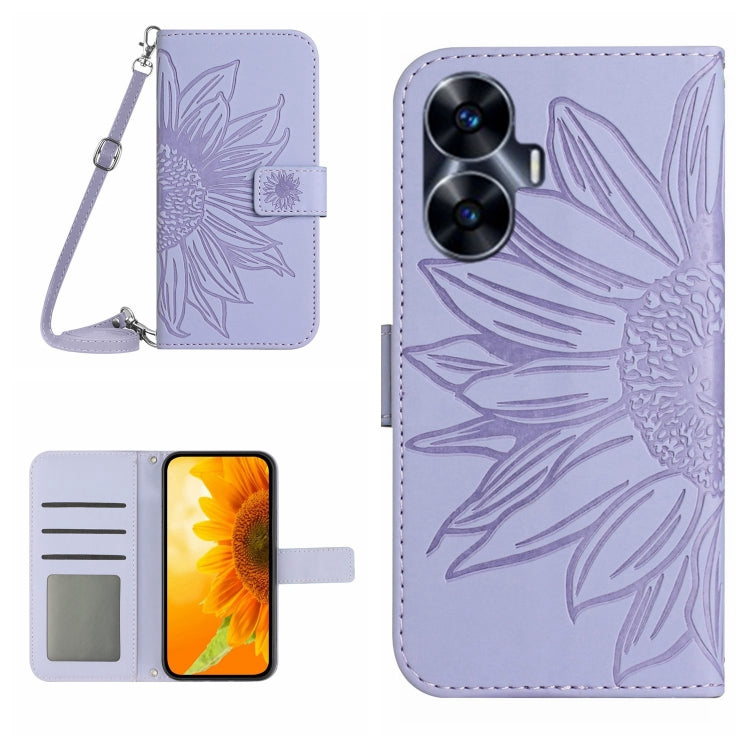 For Realme C55 Skin Feel Sun Flower Embossed Flip Leather Phone Case with Lanyard