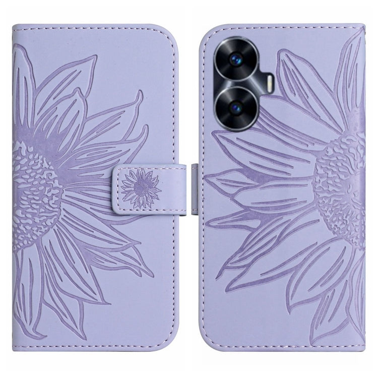 For Realme C55 Skin Feel Sun Flower Embossed Flip Leather Phone Case with Lanyard