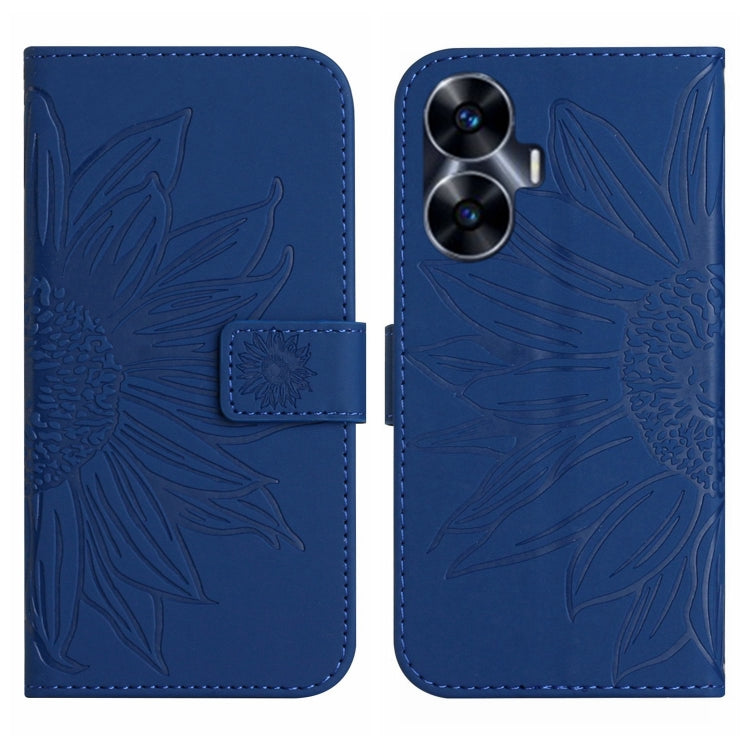 For Realme C55 Skin Feel Sun Flower Embossed Flip Leather Phone Case with Lanyard