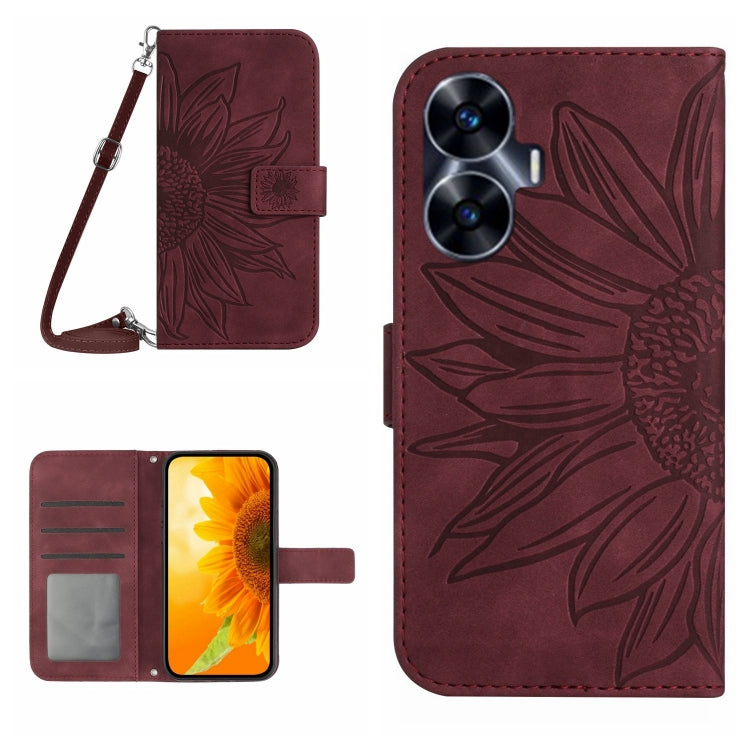 For Realme C55 Skin Feel Sun Flower Embossed Flip Leather Phone Case with Lanyard