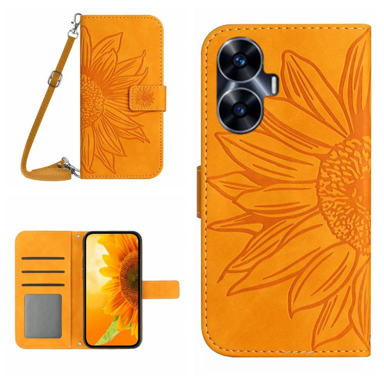 For Realme C55 Skin Feel Sun Flower Embossed Flip Leather Phone Case with Lanyard