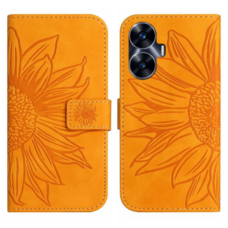For Realme C55 Skin Feel Sun Flower Embossed Flip Leather Phone Case with Lanyard
