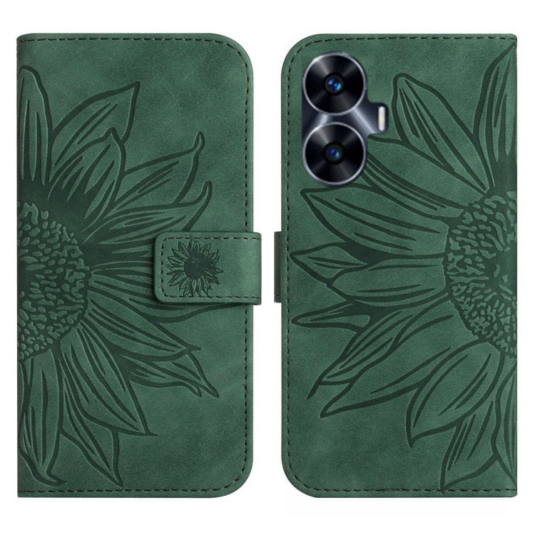 For Realme C55 Skin Feel Sun Flower Embossed Flip Leather Phone Case with Lanyard