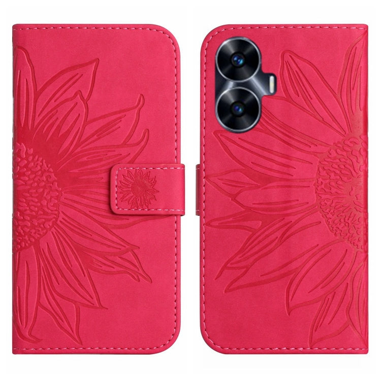 For Realme C55 Skin Feel Sun Flower Embossed Flip Leather Phone Case with Lanyard