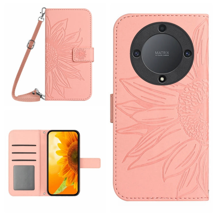 For Honor X9a 5G / Magic5 Lite Skin Feel Sun Flower Embossed Flip Leather Phone Case with Lanyard