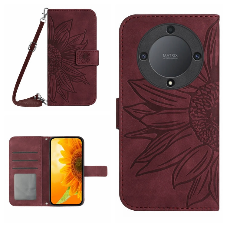 For Honor X9a 5G / Magic5 Lite Skin Feel Sun Flower Embossed Flip Leather Phone Case with Lanyard