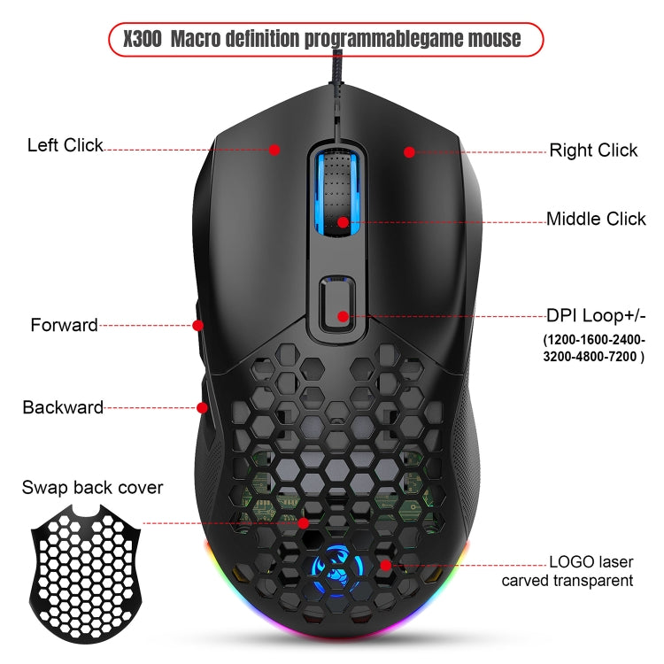 HXSJ X300 7200DPI RGB Backlight Interchangeable Back Cover Hole Gaming Wired Mouse