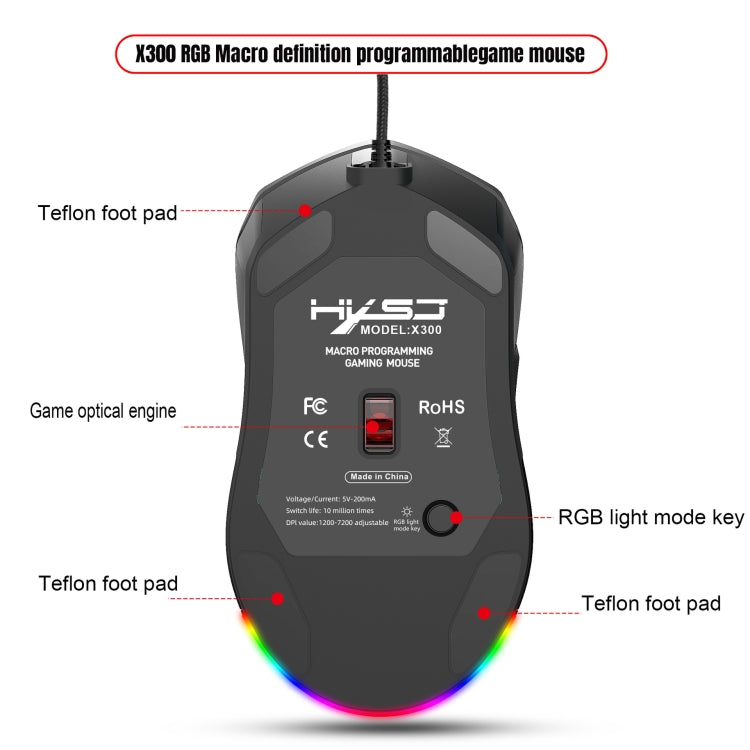 HXSJ X300 7200DPI RGB Backlight Interchangeable Back Cover Hole Gaming Wired Mouse