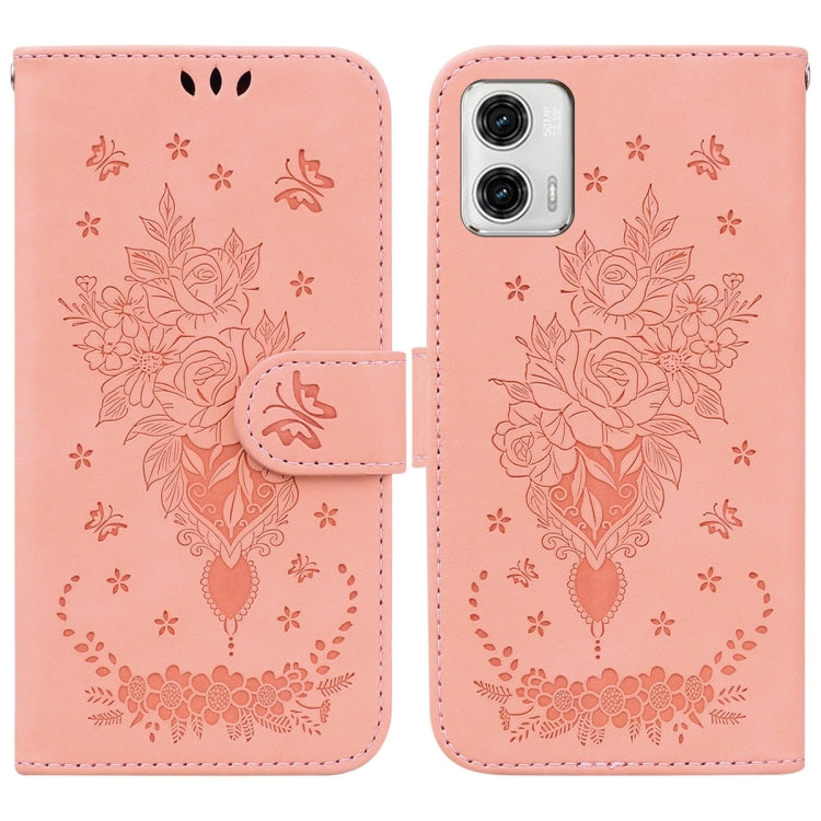 For Motorola Moto G73 Butterfly Rose Embossed Leather Phone Case