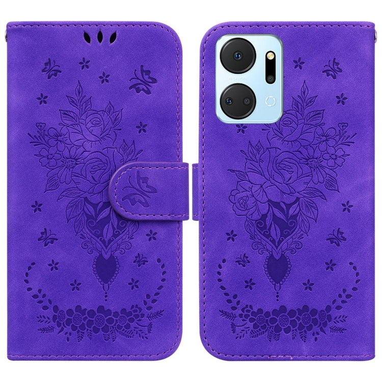 For Honor X7a Butterfly Rose Embossed Leather Phone Case