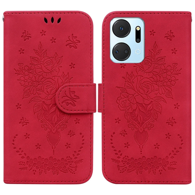 For Honor X7a Butterfly Rose Embossed Leather Phone Case