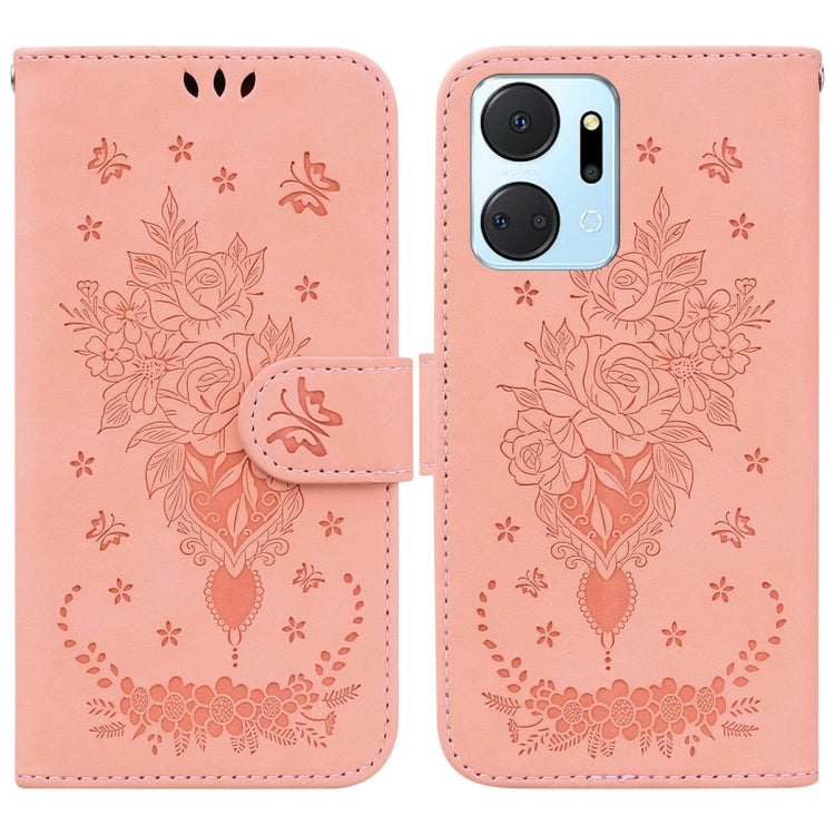 For Honor X7a Butterfly Rose Embossed Leather Phone Case