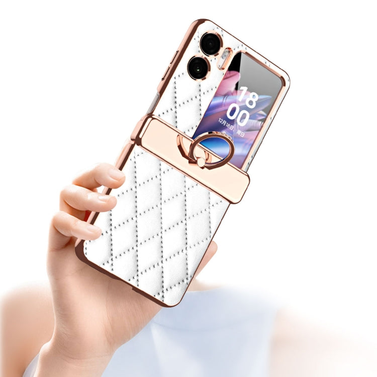 For OPPO Find N2 Flip Rhombus Pattern Electroplated Plain Leather Magnetic Hinge Phone Case with Protective Film