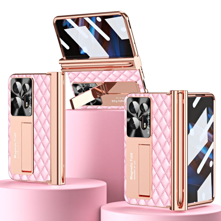 For OPPO Find N2 Rhombus Pattern Electroplated Plain Leather Phone Case with Pen Slot