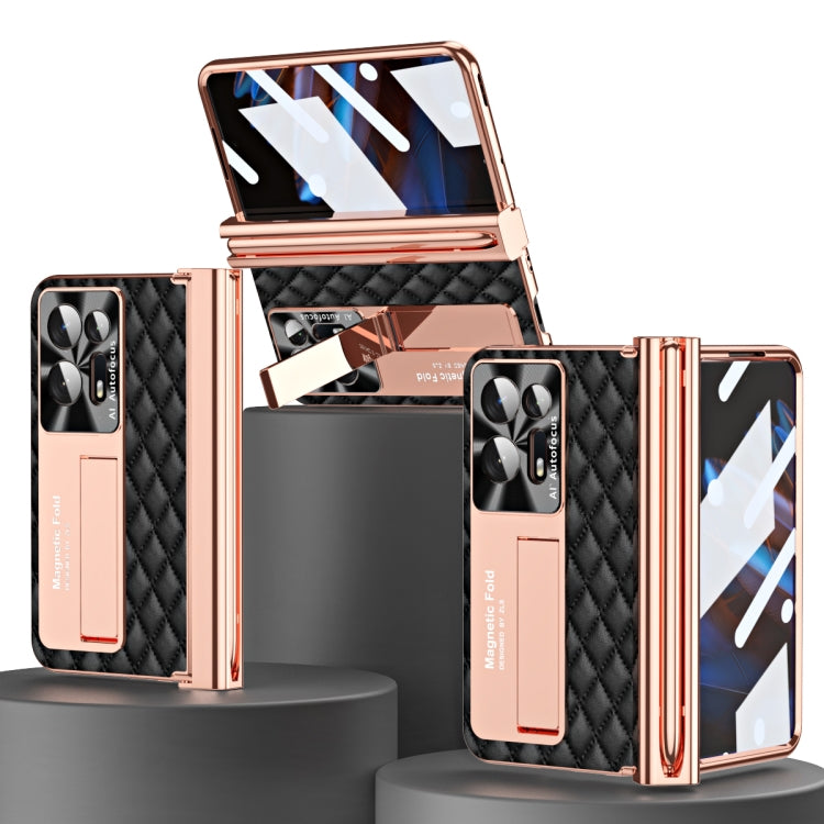 For OPPO Find N2 Rhombus Pattern Electroplated Plain Leather Phone Case with Pen Slot