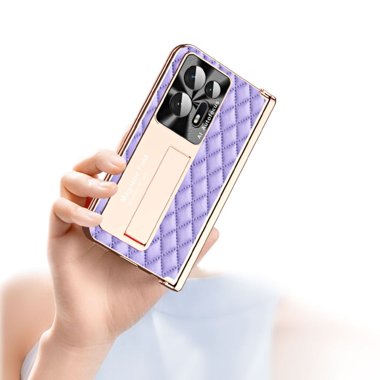 For OPPO Find N2 Rhombus Pattern Electroplated Plain Leather Phone Case with Pen Slot