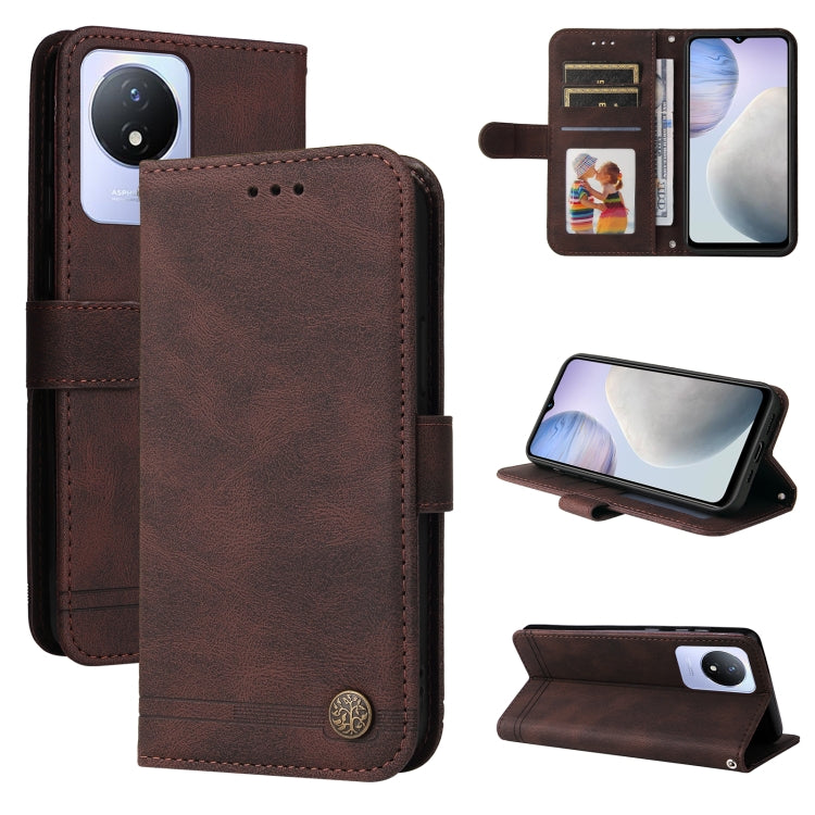 For vivo Y02 4G Skin Feel Life Tree Metal Button Leather Phone Case