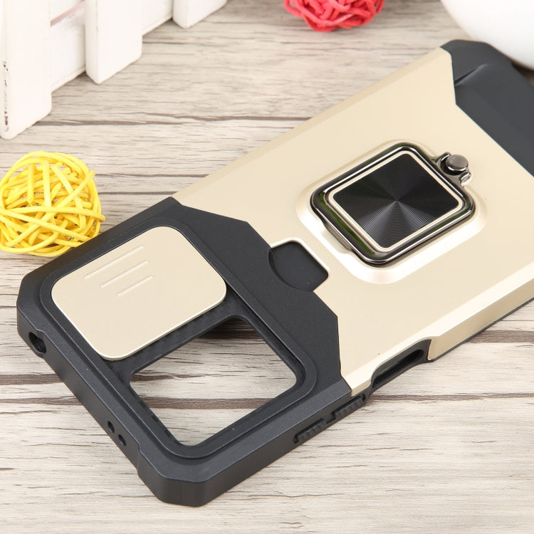 For Xiaomi Redmi Note 12 5G / Poco X5 Camera Shield Card Slot Phone Case with Ring Holder