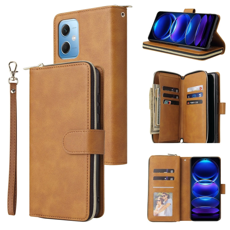 For Xiaomi Redmi Note 12 5G Global / Poco X5 9 Card Slots Zipper Wallet Bag Leather Phone Case
