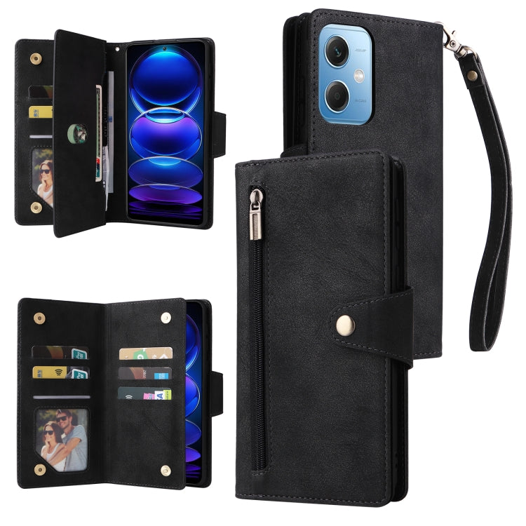 For Xiaomi Redmi Note 12 5G Global / Poco X5 Rivet Buckle 9 Cards Three Fold Leather Phone Case