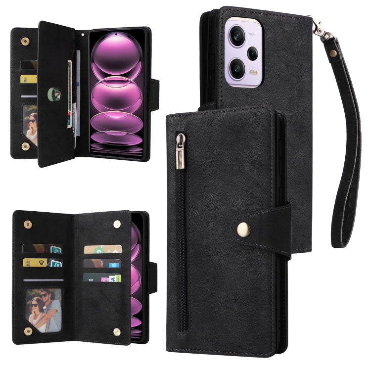 For Xiaomi Redmi Note 12 Pro 5G Speed / Note 12 Pro 5G Global / Poco X5 Pro Rivet Buckle 9 Cards Three Fold Leather Phone Case