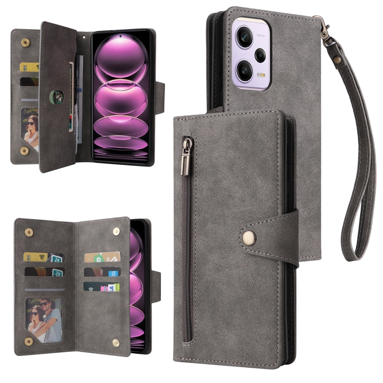 For Xiaomi Redmi Note 12 Pro 5G Speed / Note 12 Pro 5G Global / Poco X5 Pro Rivet Buckle 9 Cards Three Fold Leather Phone Case