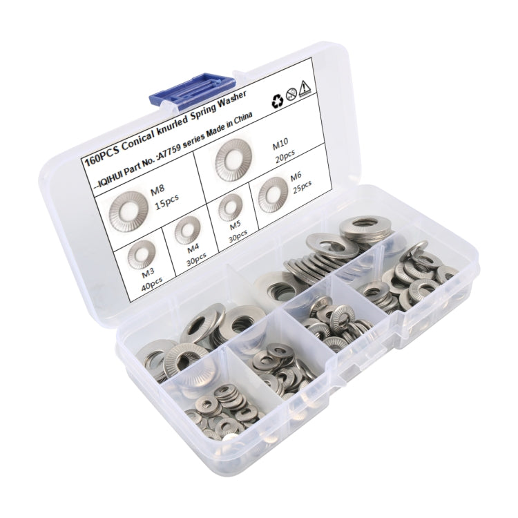 A7759 160 in 1 6 Sizes 304 Stainless Steel Conical Knurled Spring Washer Assortment Kit