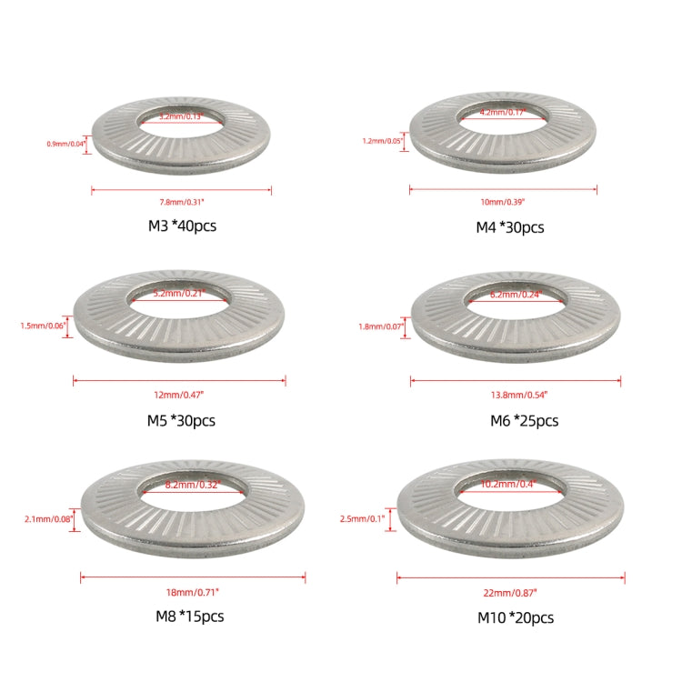 A7759 160 in 1 6 Sizes 304 Stainless Steel Conical Knurled Spring Washer Assortment Kit