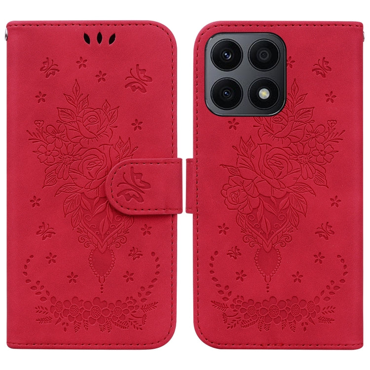 For Honor X8a Butterfly Rose Embossed Leather Phone Case
