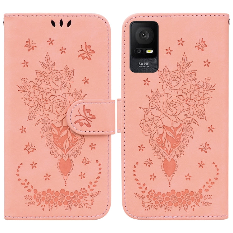 For TCL 408 Butterfly Rose Embossed Leather Phone Case