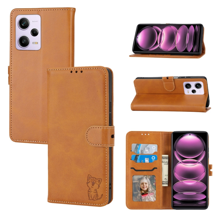 For Xiaomi Redmi Note 12 5G Global Embossed Happy Cat Pattern Flip Leather Phone Case