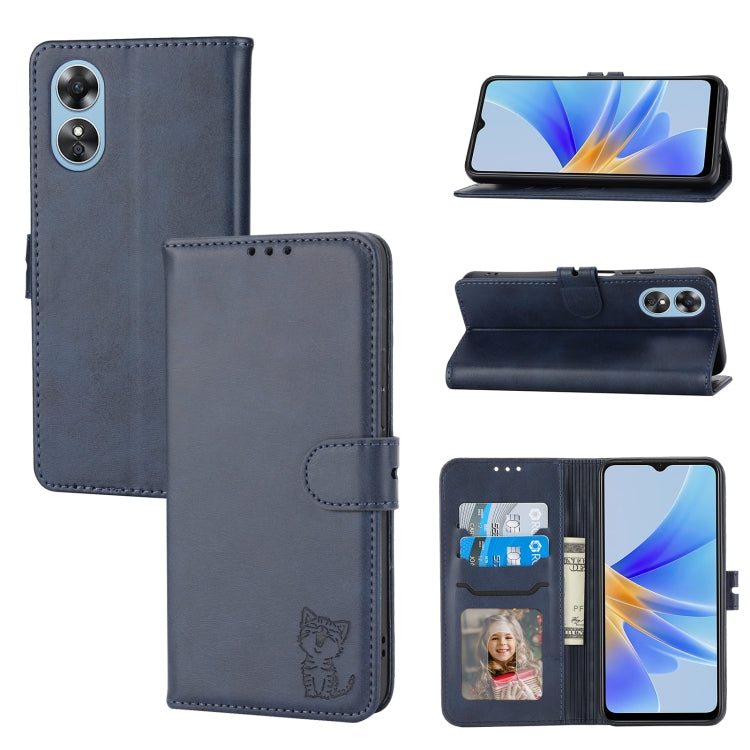 For OPPO A17 Embossed Happy Cat Pattern Flip Leather Phone Case