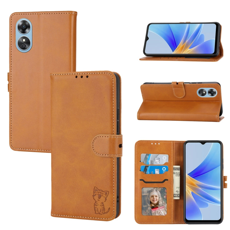 For OPPO A17 Embossed Happy Cat Pattern Flip Leather Phone Case
